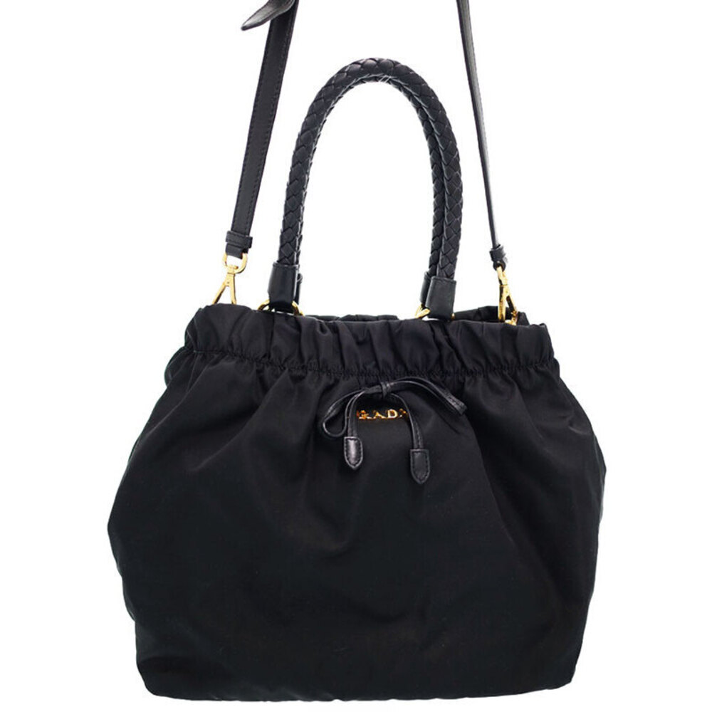 Prada Tessuto Bow Satchel black nylon bag braided leather handles Black